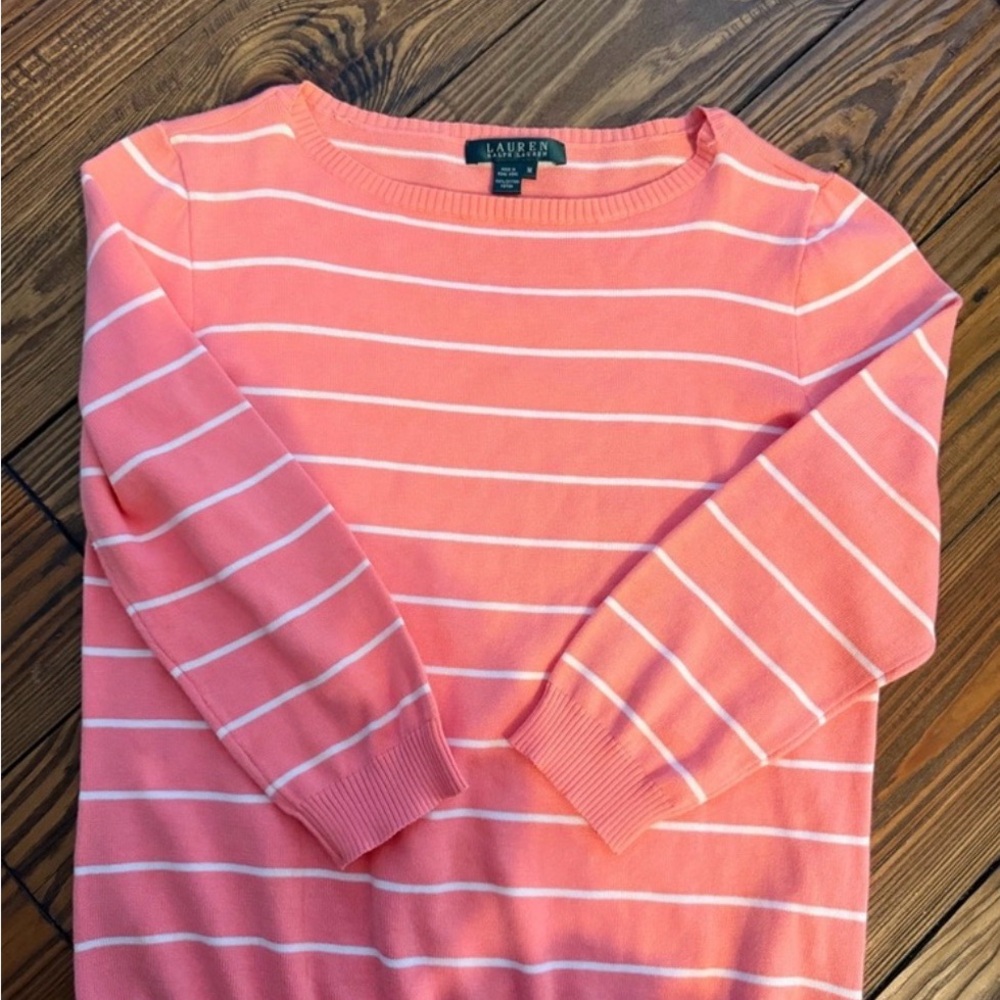 Lauren Ralph Lauren Women's Coral and White Striped Crew Neck Size Medium